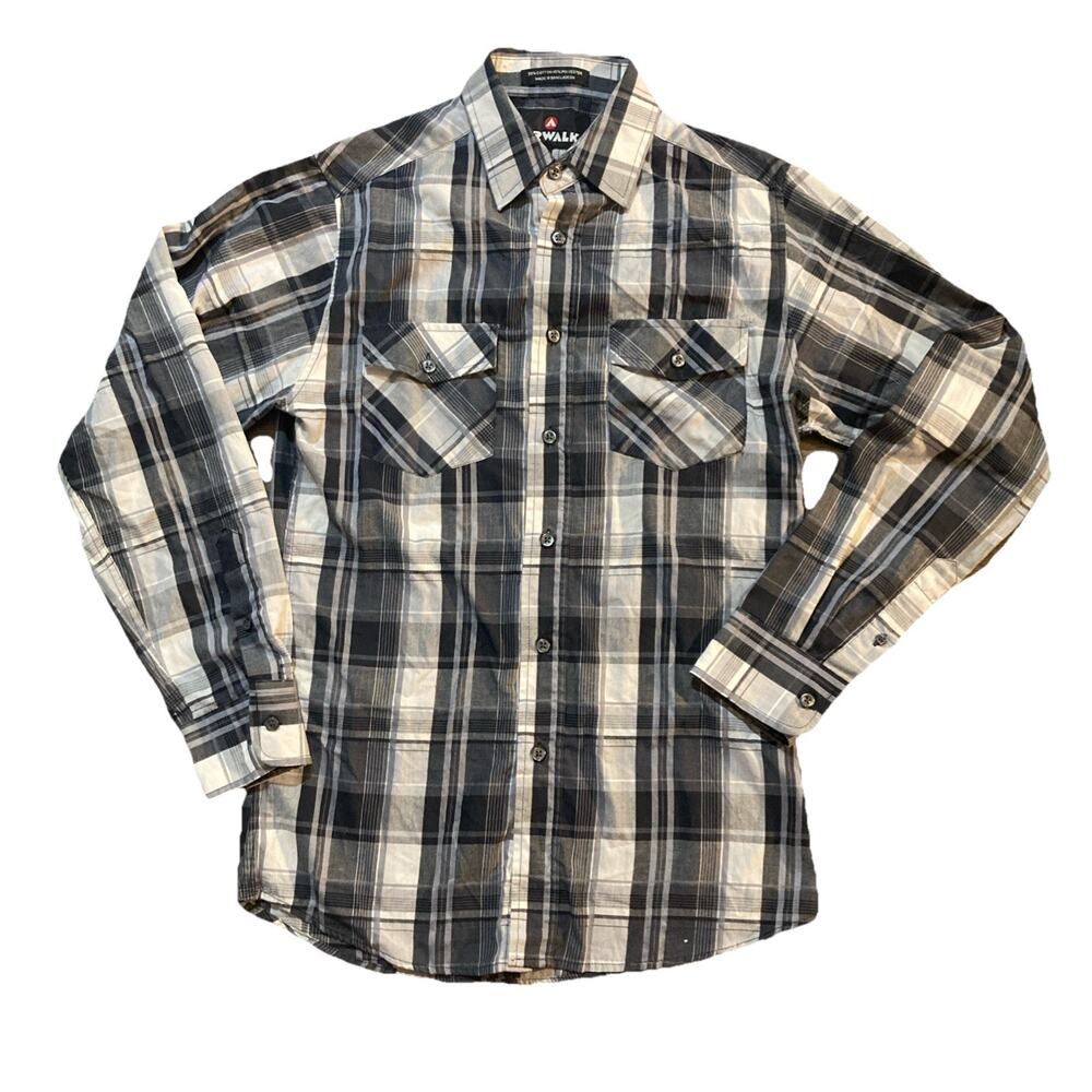 Airwalk Long Sleeve Button-Up Shirt Mens Large Blue Plaid Flap Pockets Skate Y2K